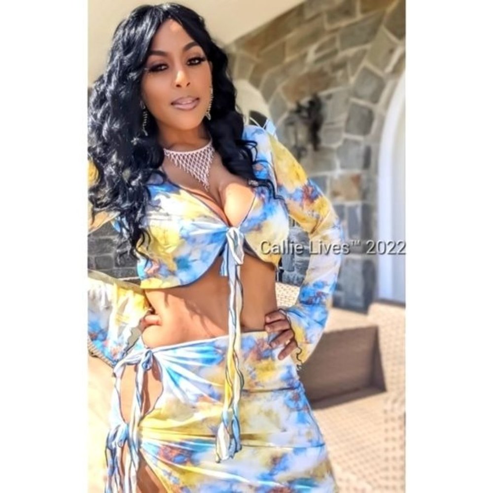 Stasia Sexy Boho: Plunging Tie Dye Front Tied Mesh Halter & Side Tied Skirt Set - Picture 2 of 13